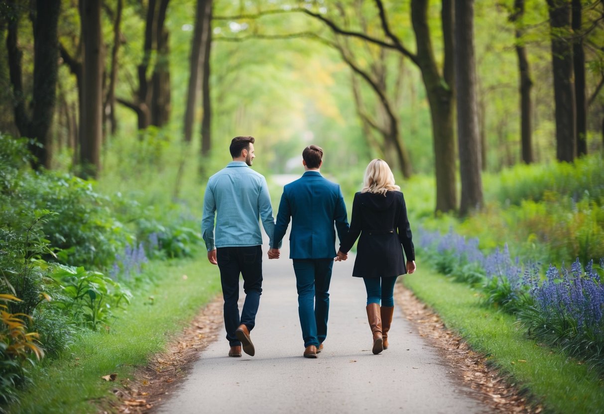 A couple walking down separate paths in a lush, vibrant forest