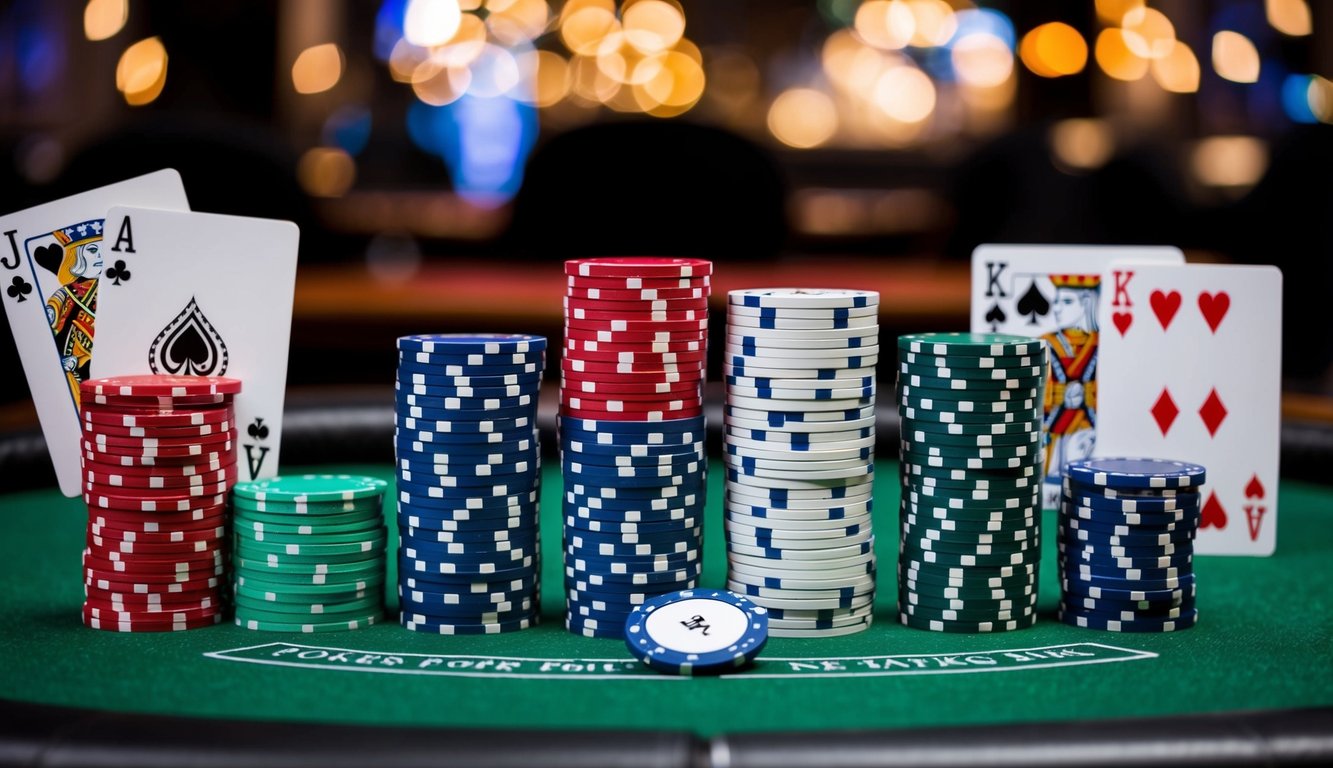 Sekelompok chip poker dan kartu remi yang disusun di atas meja felt hijau, dengan tombol dealer dan setumpuk kartu di latar belakang