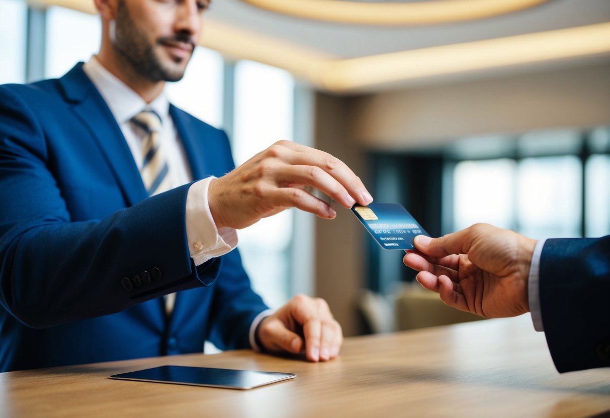A man's hand reaches out to hand over a credit card to the hotel receptionist. The receptionist swipes the card and hands over the room key