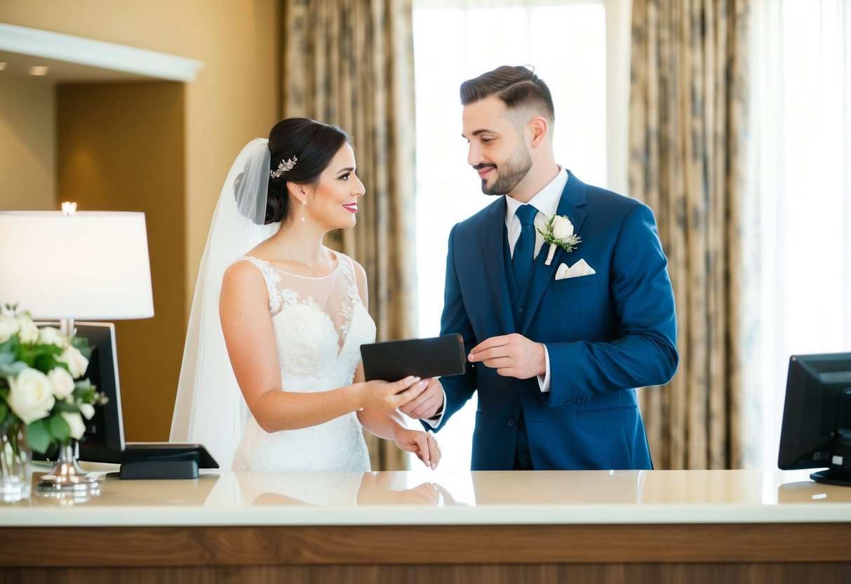 A bride and groom standing at a hotel reception desk, discussing payment for their wedding night accommodations