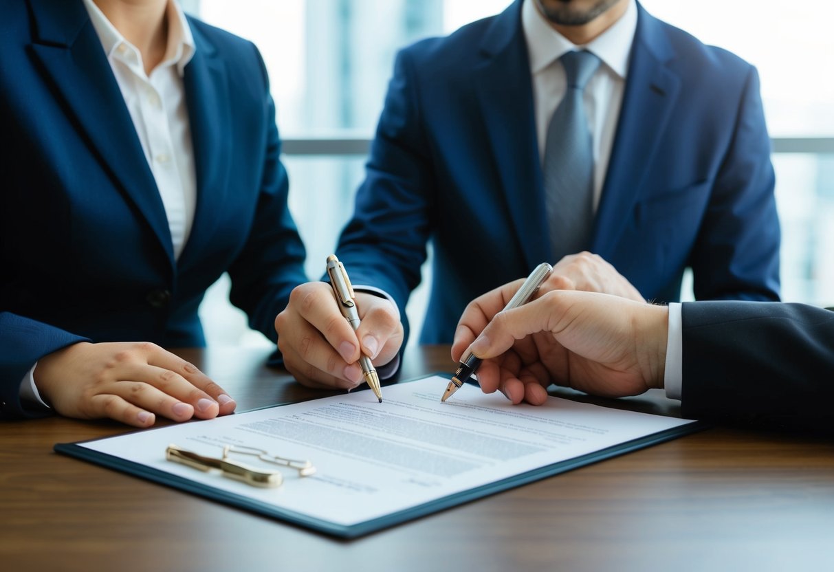 A couple signing a legal document with a lawyer present