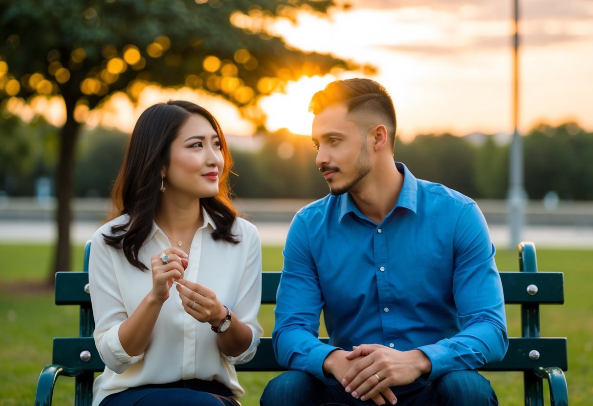 A couple sitting on a park bench, one holding a ring and the other looking contemplative. The sun setting in the background