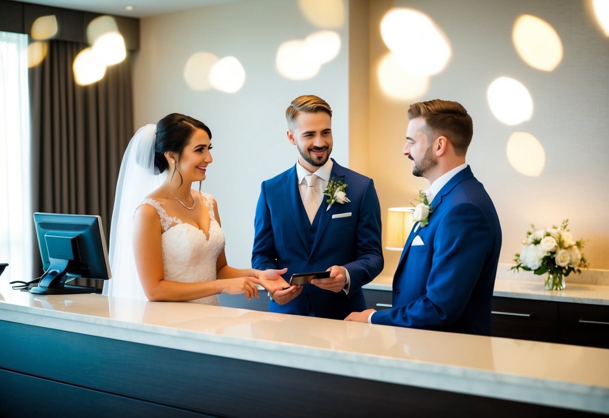 A bride and groom standing at a hotel front desk, discussing payment for their wedding night room