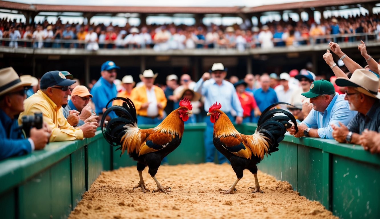 Sebuah arena luar ruangan yang ramai dengan ayam jantan bertarung sementara penonton bersorak dan memasang taruhan