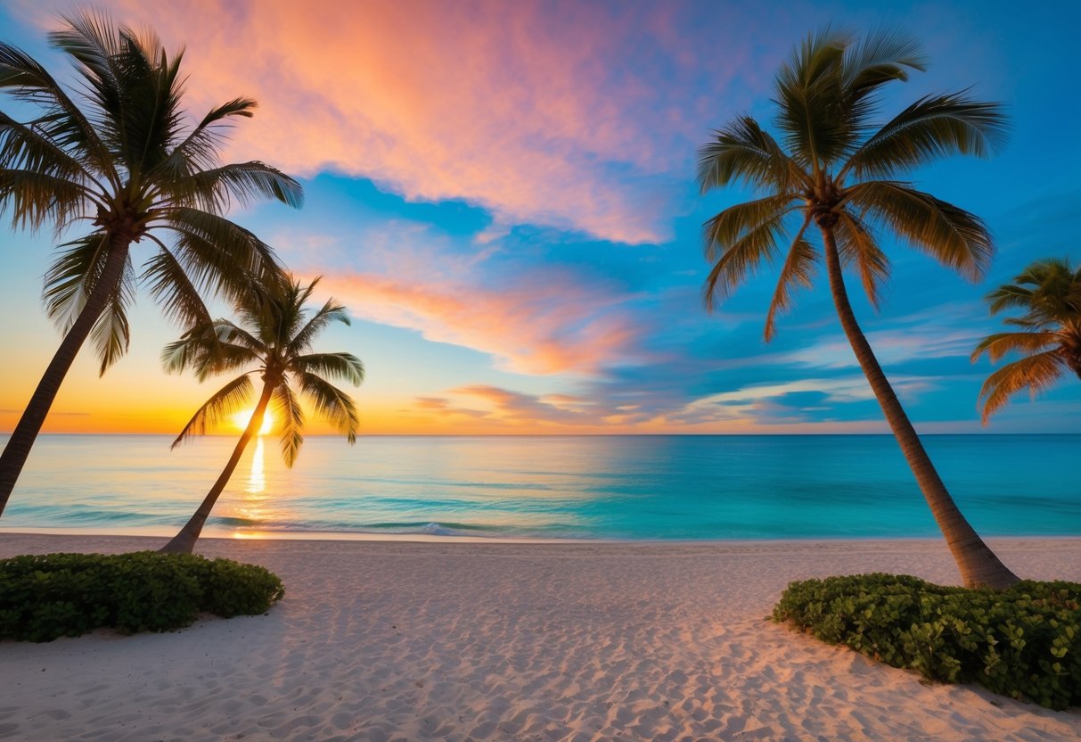 A sunny beach with palm trees, a crystal-clear ocean, and a colorful sunset in the background