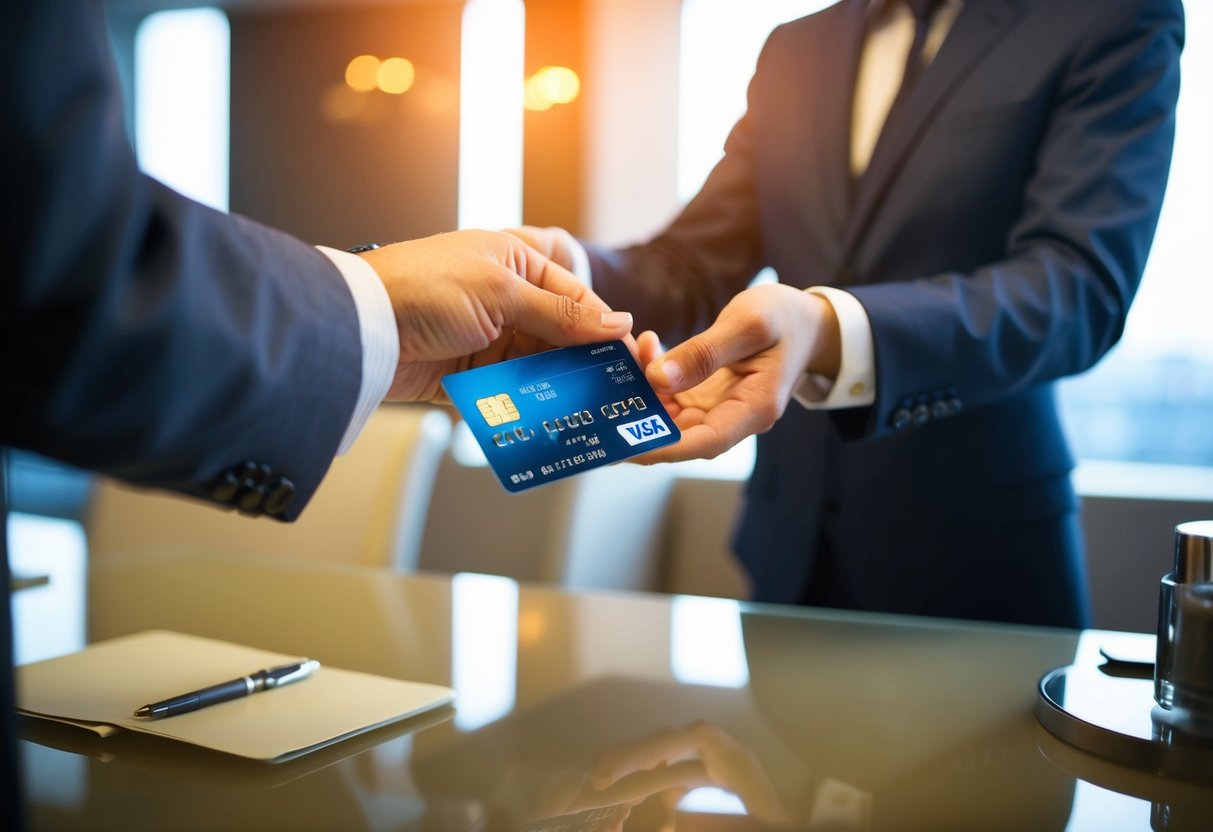 A credit card being handed over to a hotel receptionist