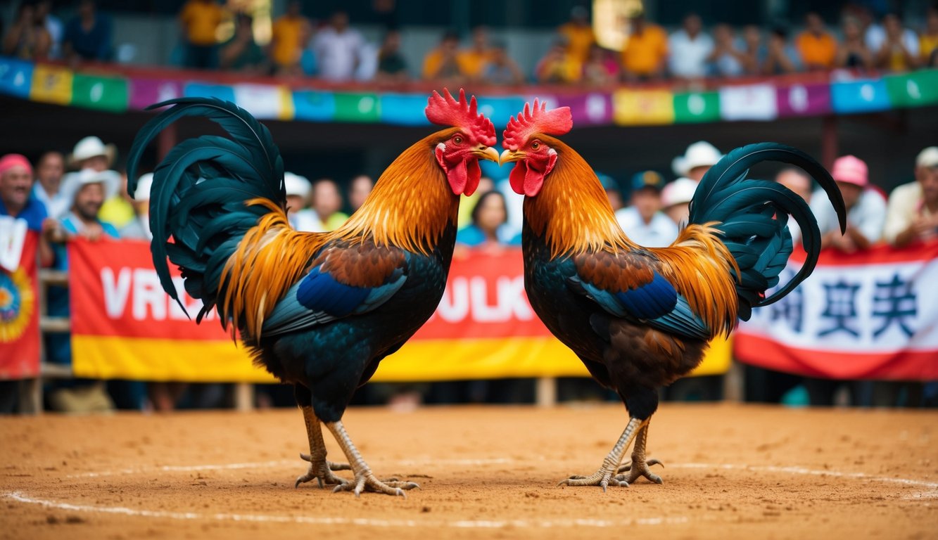 Dua ayam jantan saling berhadapan di arena sabung ayam tradisional, dikelilingi oleh penonton yang bersorak dan spanduk berwarna-warni