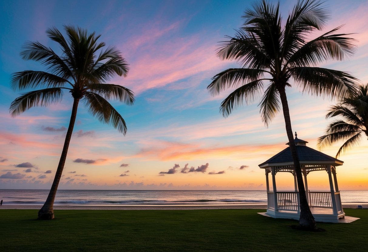 A serene beach at sunset with a colorful sky, palm trees, and a gazebo overlooking the ocean, perfect for a destination wedding