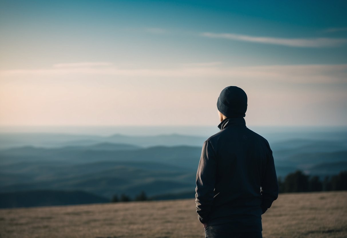 A solitary figure gazes out over a vast, serene landscape, with a sense of freedom and independence