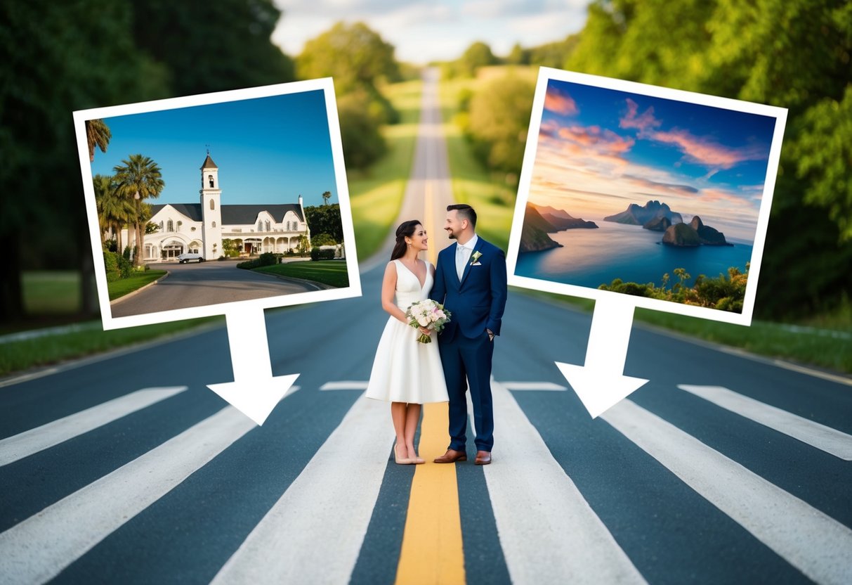 A couple stands at a crossroads, with one path leading to a picturesque local venue and the other to a stunning destination location. The couple is surrounded by images of both options, including local landmarks and exotic landscapes