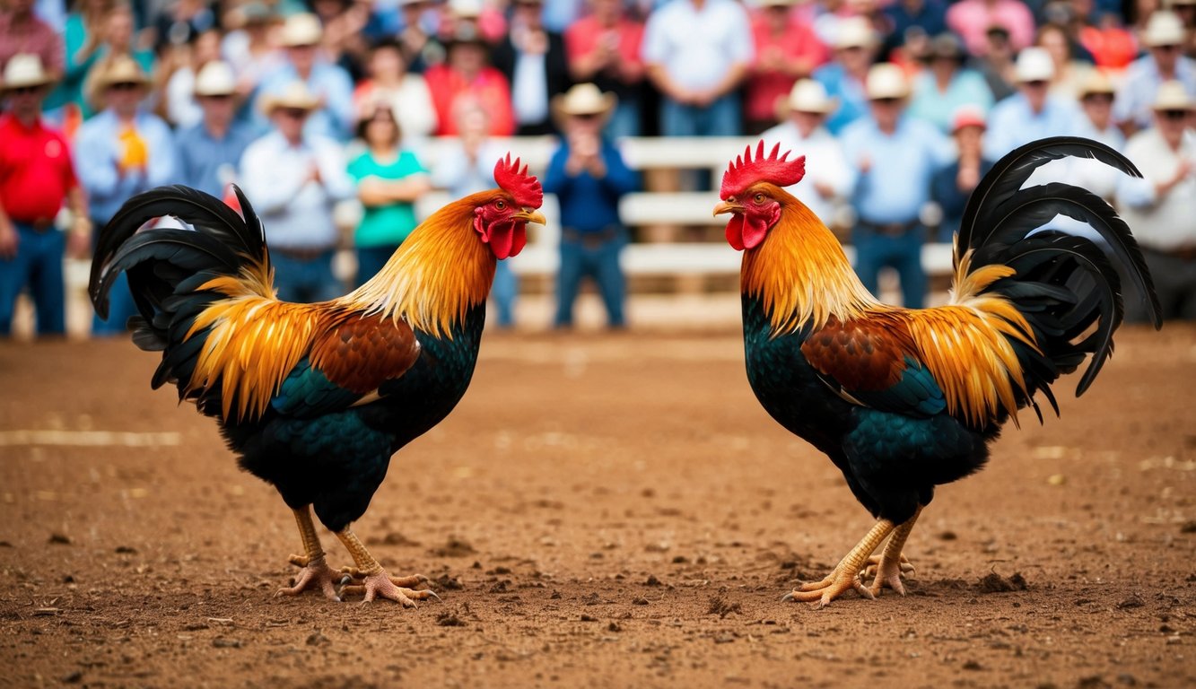 Dua ayam jantan berhadapan di arena tanah, dikelilingi oleh penonton yang bersorak