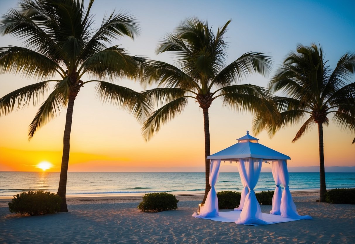 A sunny beach with a colorful sunset, palm trees, and a gazebo set up for a wedding ceremony
