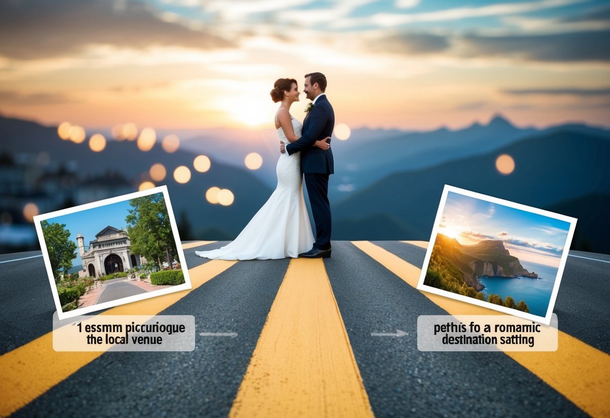 A couple stands at a crossroads, one path leading to a picturesque local venue, the other to a romantic destination setting. The couple ponders their options, surrounded by images of both locations