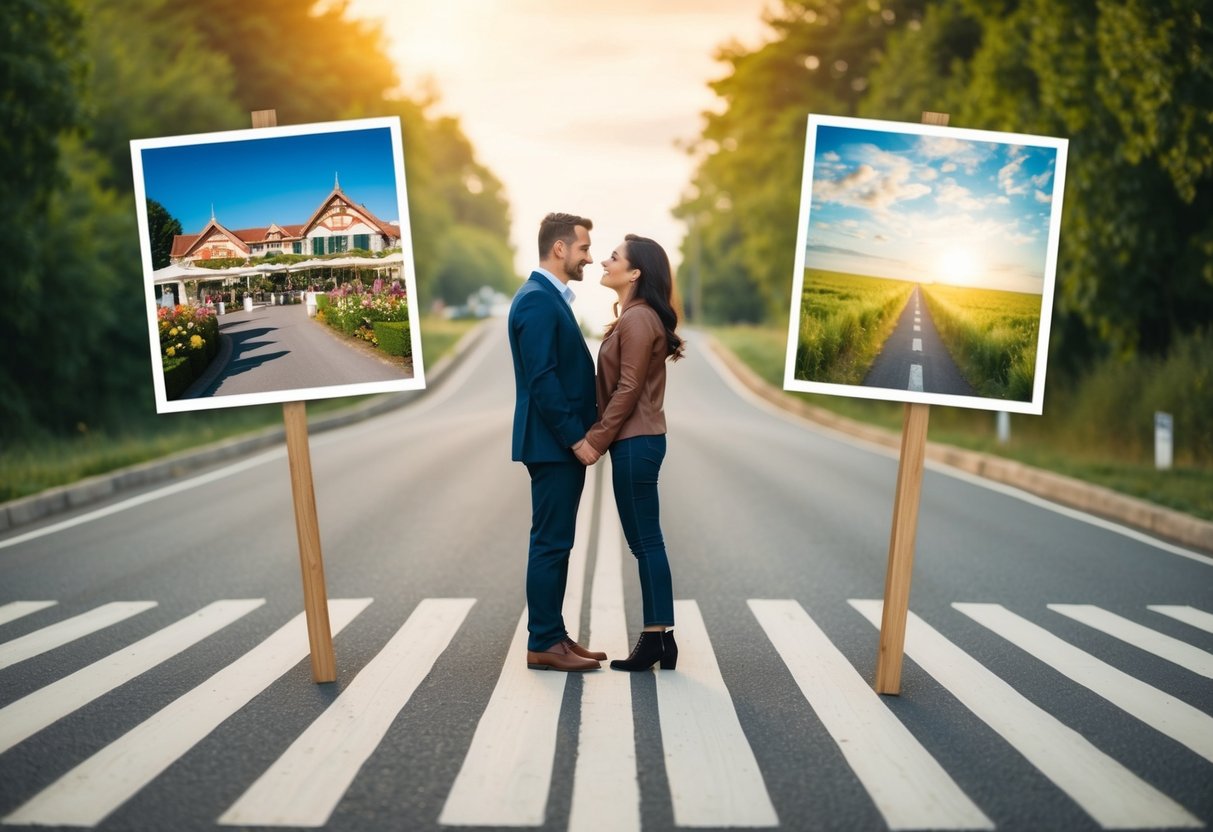 A couple stands at a crossroads, one path leading to a picturesque local venue, the other to a dreamy destination. They weigh the pros and cons, surrounded by images of both options