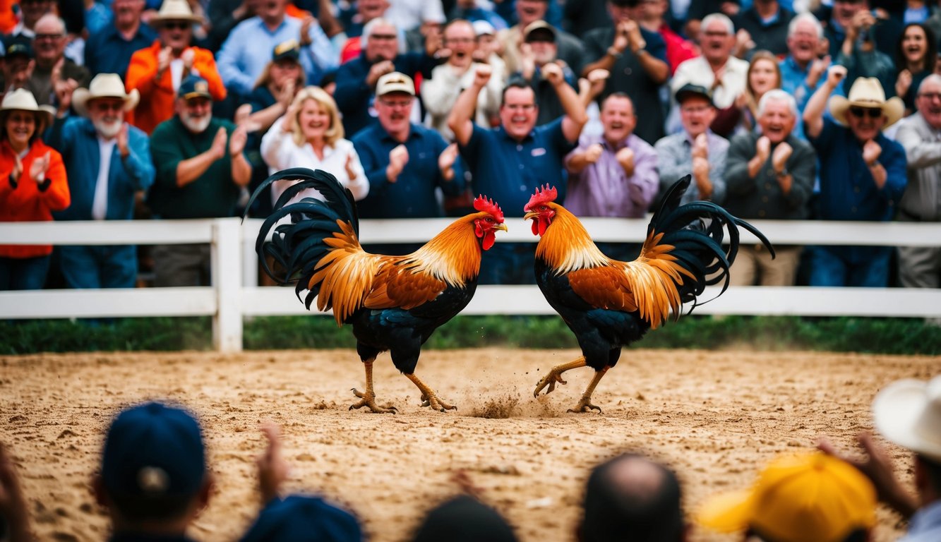 Sebuah arena luar ruangan yang ramai dengan dua ayam jantan yang terlibat dalam pertarungan sengit, dikelilingi oleh penonton yang antusias berteriak dan memasang taruhan