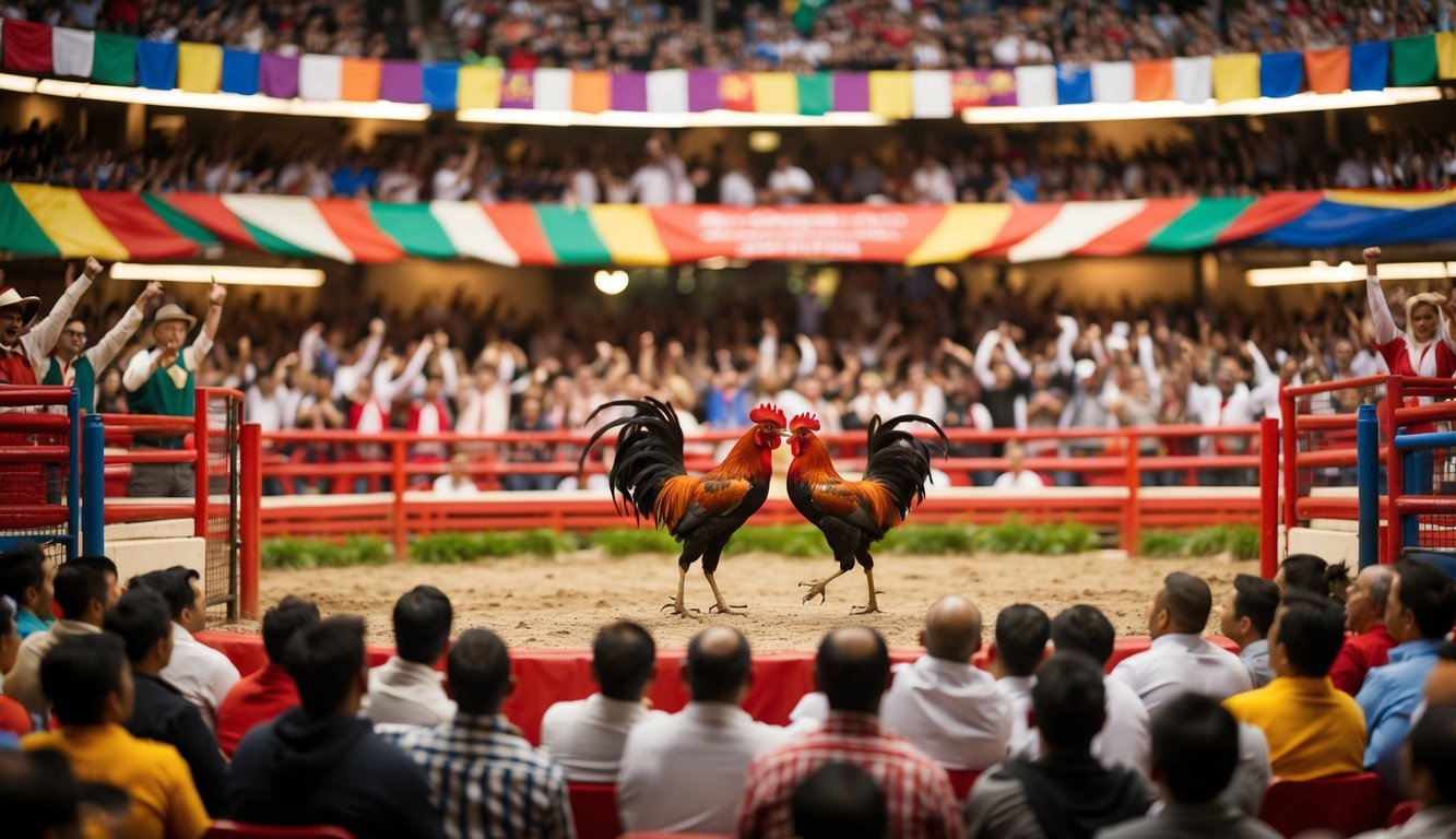 Sebuah arena yang ramai dengan ayam jantan bertarung di tengah, dikelilingi oleh penonton yang bersorak dan spanduk berwarna-warni