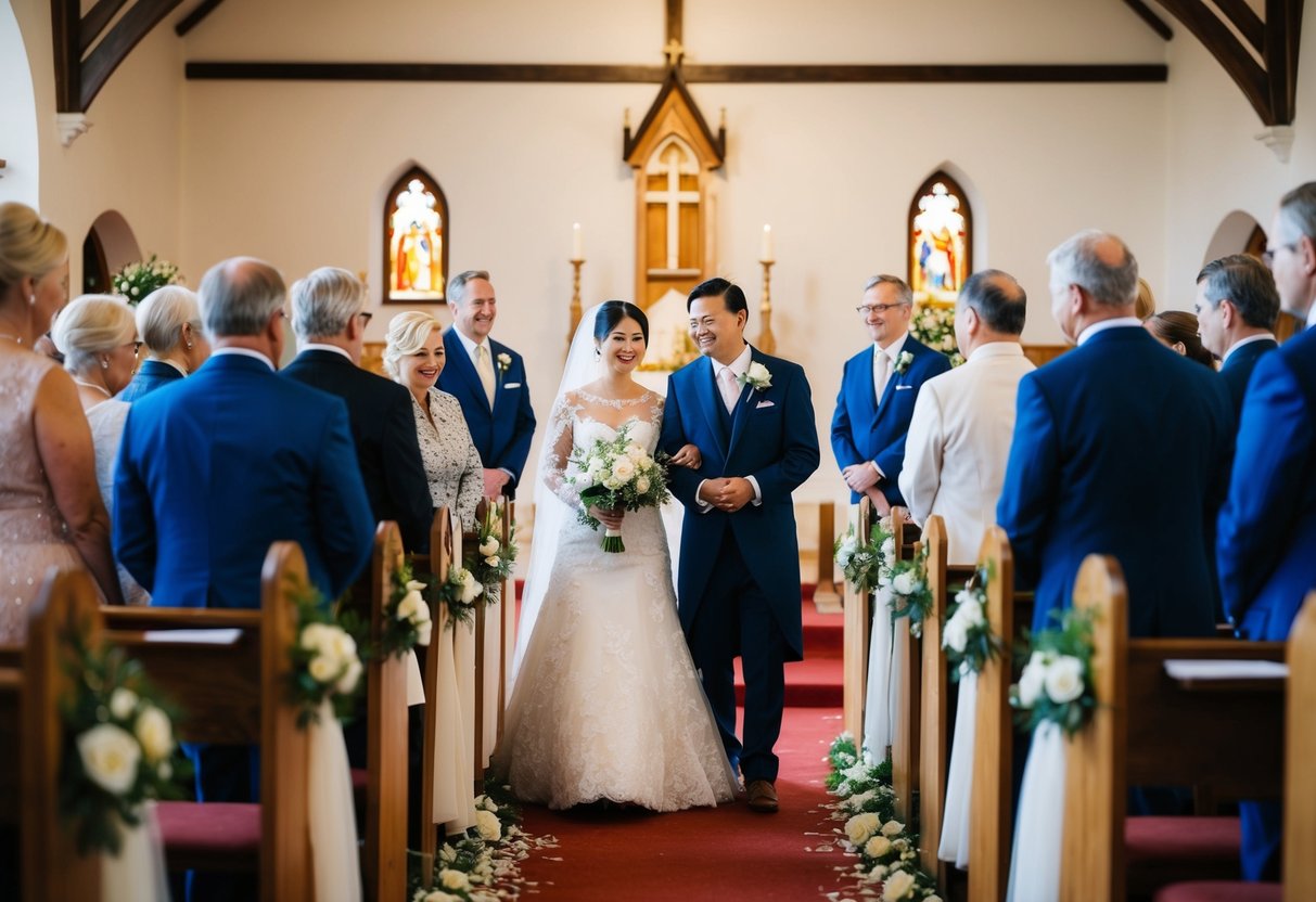 A traditional wedding ceremony taking place in a local church or community hall, with familiar cultural customs and decorations