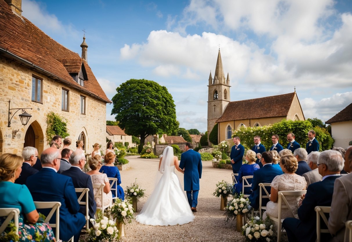 A traditional wedding ceremony in a picturesque countryside setting with a quaint church and a lively village square