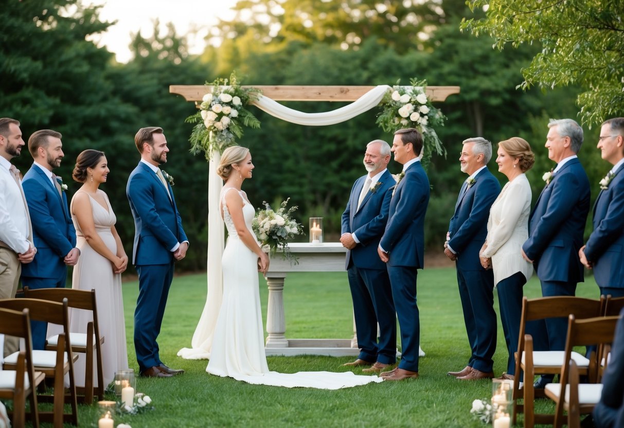 A serene, intimate backyard ceremony with a simple, rustic altar and a small group of close family and friends