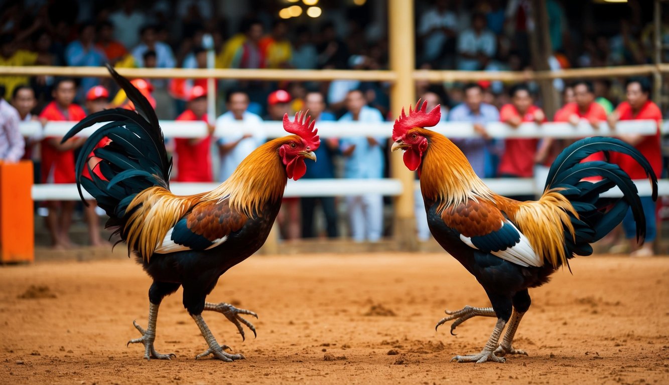 Sebuah arena yang ramai dengan dua ayam jantan yang berhadapan dalam sabung ayam tradisional Indonesia. Penonton bersorak dan memasang taruhan saat pertarungan yang intens berlangsung.