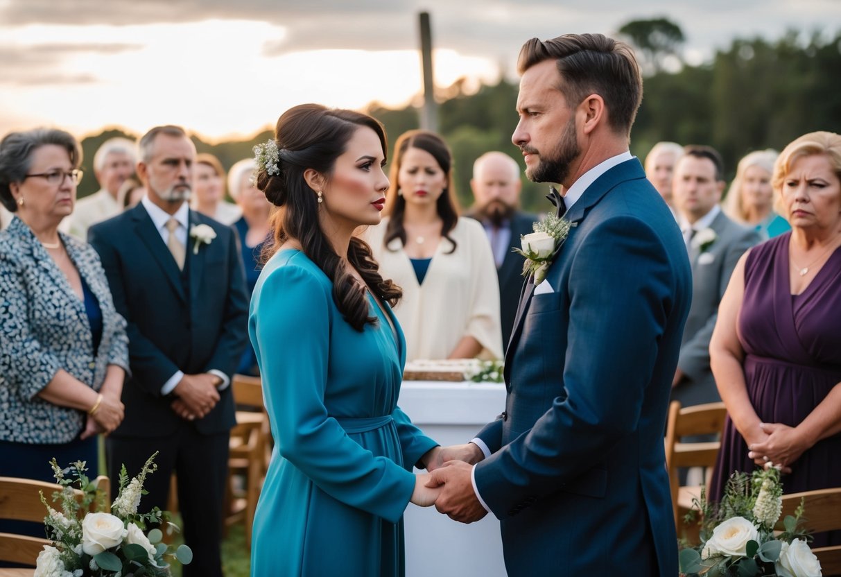 A man and woman stand at a rustic altar, surrounded by disapproving onlookers. They wear solemn expressions, hinting at the forced union of a shotgun marriage