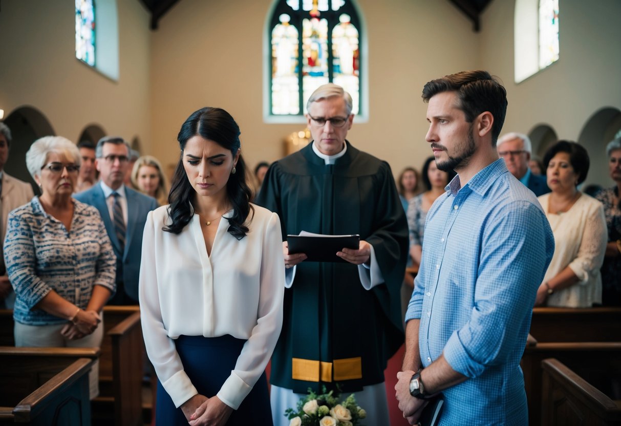 A man and woman stand before a minister in a small church, surrounded by disapproving onlookers. The woman looks downcast, the man resigned