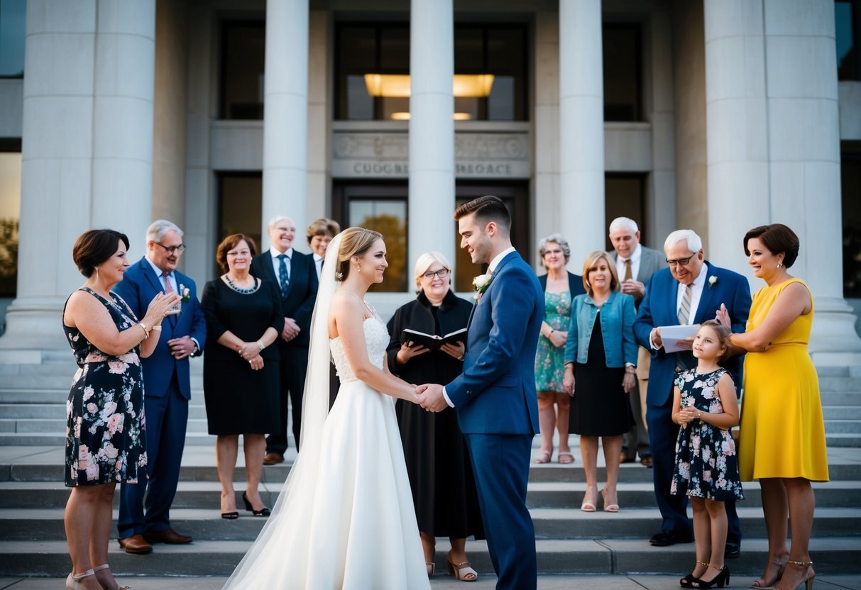 A couple standing at a courthouse, surrounded by disapproving family members, reluctantly exchanging vows