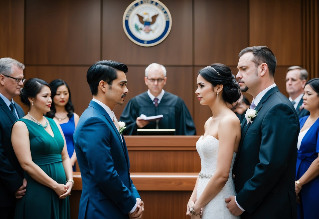 A man and woman standing in front of a judge, with a wedding officiant and witnesses present. The couple looks unhappy and reluctant