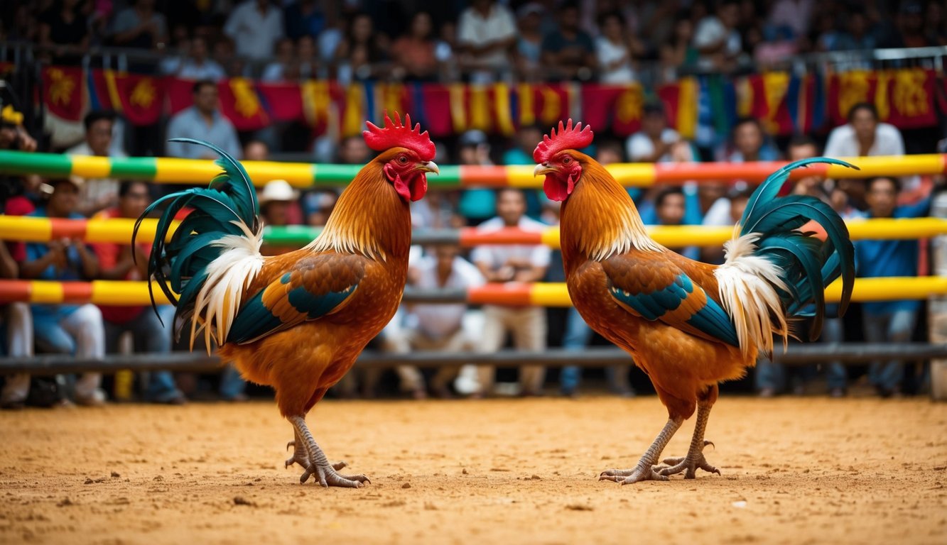 Dua ayam jantan berhadapan di arena yang ramai, dikelilingi oleh penonton yang antusias dan spanduk berwarna-warni, siap untuk terlibat dalam sabung ayam tradisional.