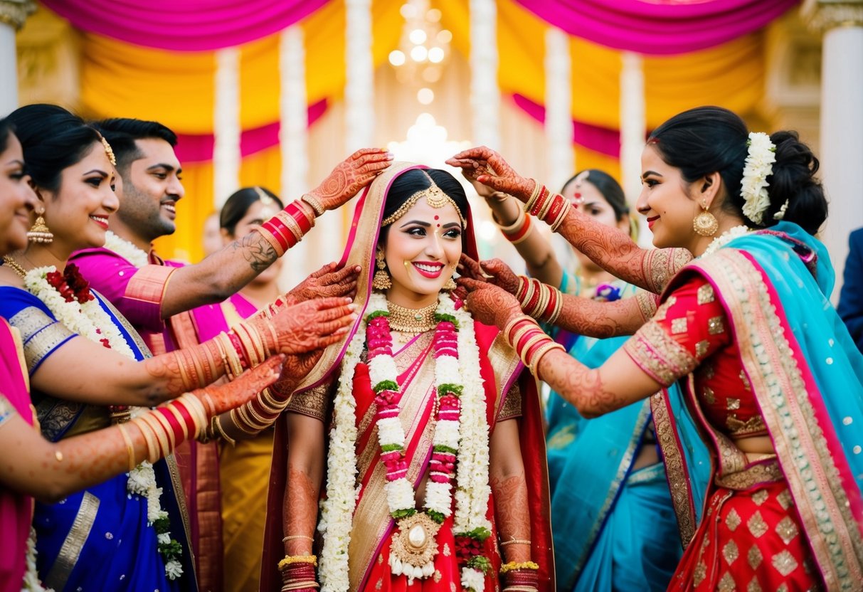 A vibrant Indian wedding with colorful saris, intricate henna designs, and ornate decorations