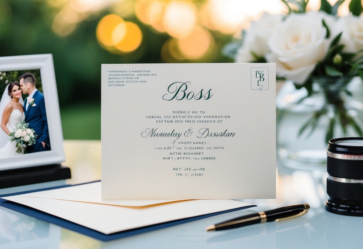 A wedding invitation with a formal envelope addressed to "Boss" on a desk with a pen and a wedding photo in the background
