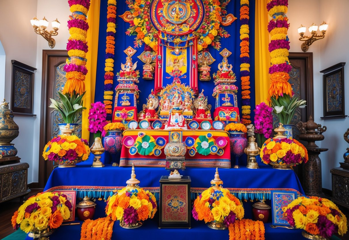 A colorful and ornate altar adorned with traditional symbols and ceremonial items, surrounded by vibrant flowers and intricate patterns