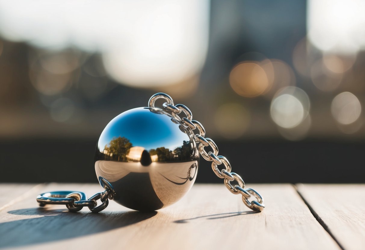 A chained ball and chain attached to a wedding ring, symbolizing restriction and limitations in a traditional marriage
