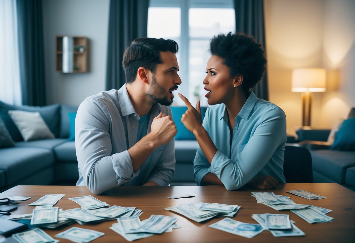 A couple arguing over bills and financial stress in a cluttered, dimly lit living room with unpaid bills scattered on the table