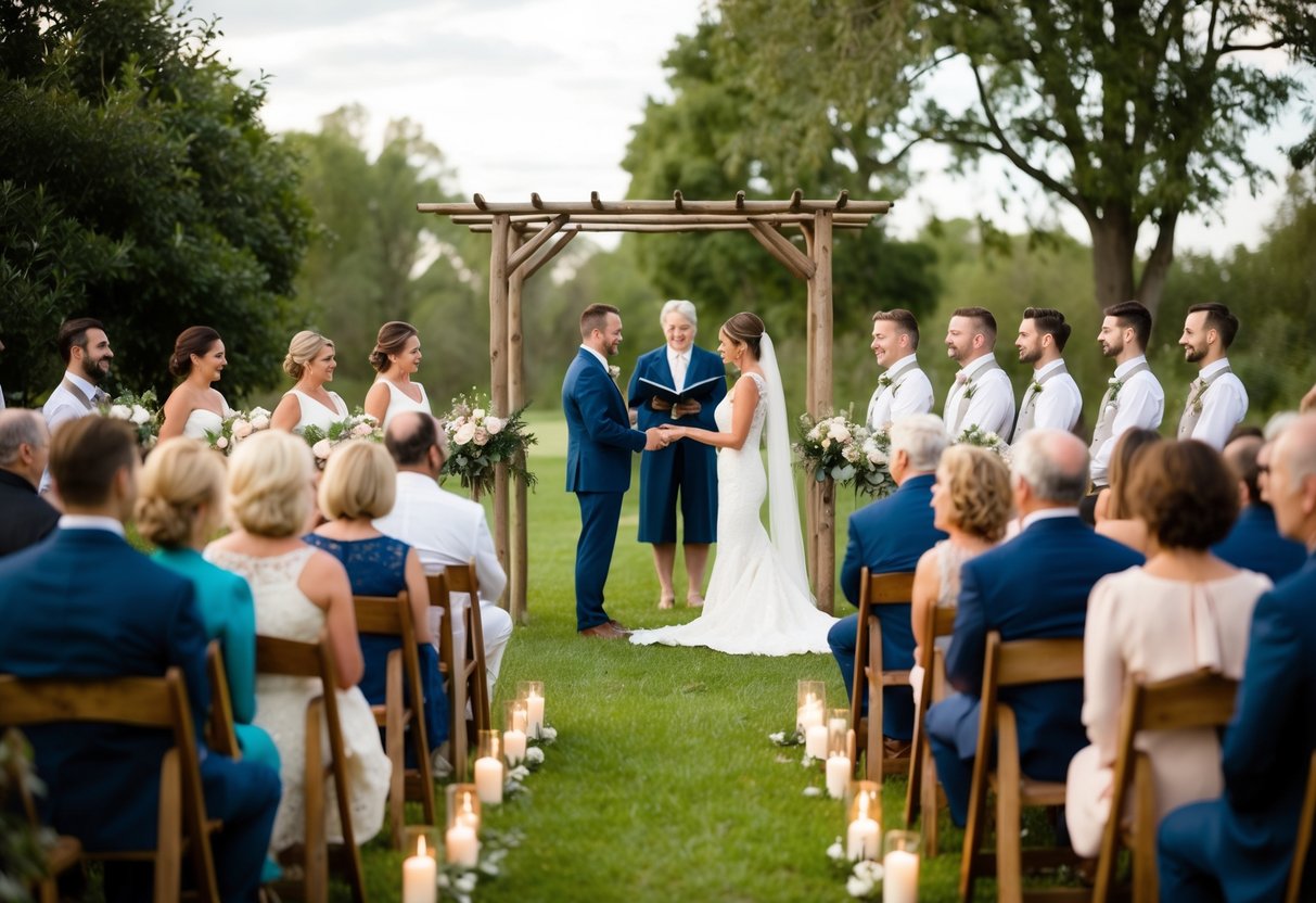 A small, rustic outdoor ceremony with a simple arbor, surrounded by close family and friends. Tables set with elegant place settings and soft, romantic lighting