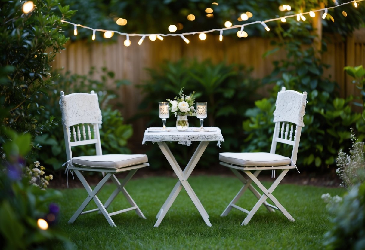 A cozy outdoor garden setting with a small, elegantly decorated table for two, surrounded by twinkling fairy lights and lush greenery