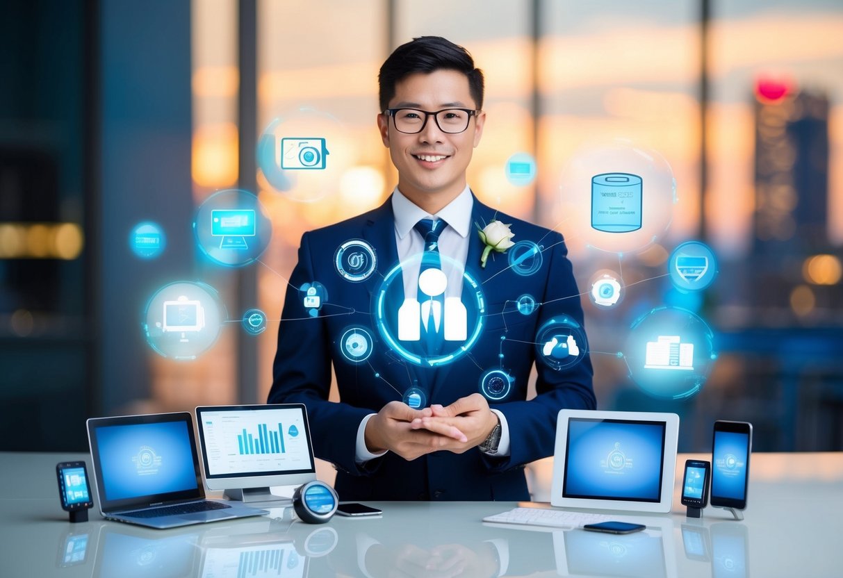 A modern wedding planner surrounded by futuristic gadgets and holographic displays