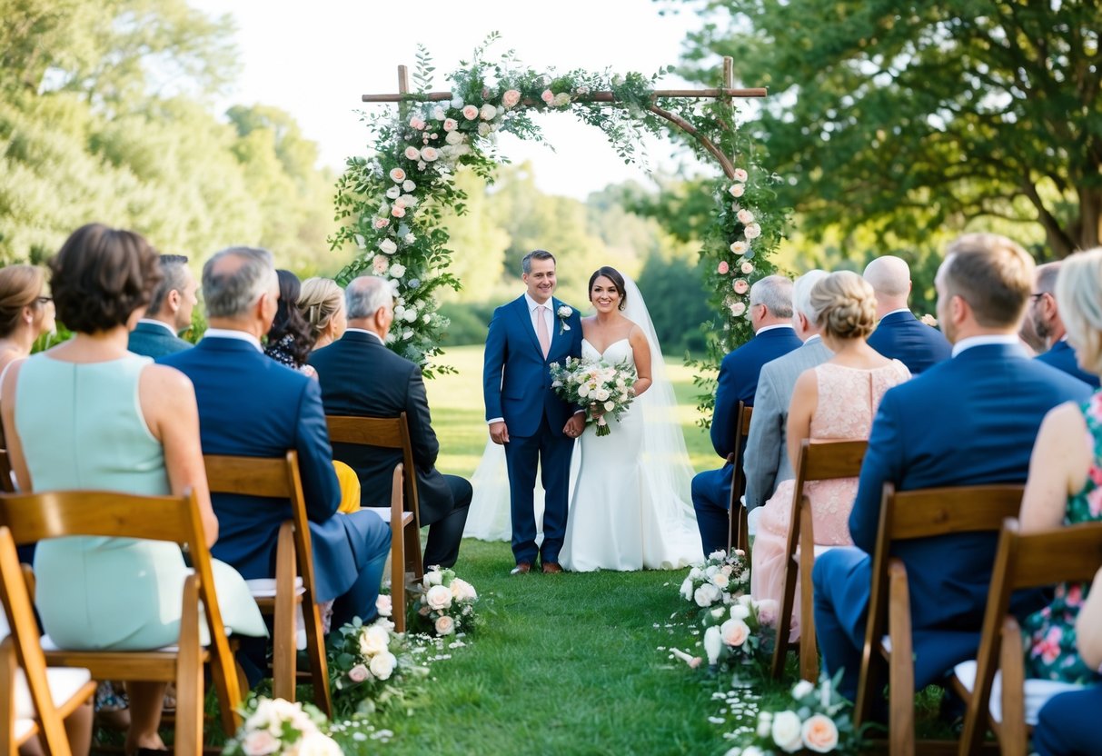 A small outdoor ceremony with a simple arch adorned with flowers, surrounded by close family and friends seated on wooden chairs