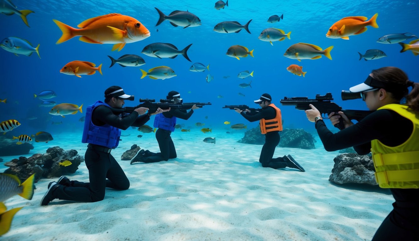 Sebuah dunia bawah laut yang berwarna-warni dengan berbagai jenis ikan yang berenang di sekitar, dengan sekelompok pemain yang mengarahkan dan menembak mereka dengan senjata mereka.