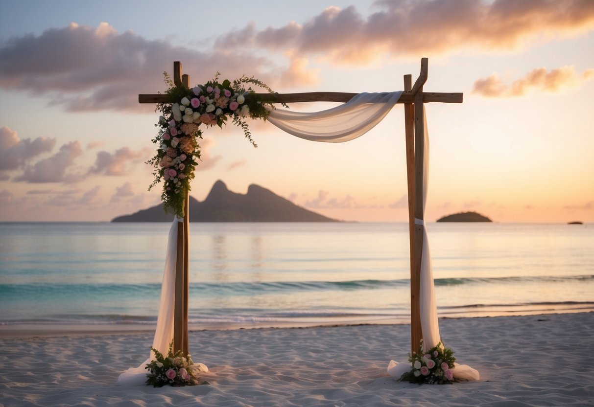 A serene beach at sunset with a simple wooden arch adorned with flowers and fabric, overlooking crystal-clear waters and a distant tropical island