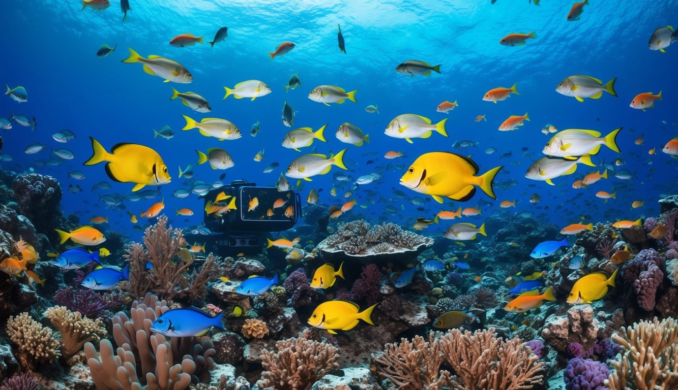 Sebuah dunia bawah laut yang ramai dengan ikan berwarna-warni, terumbu karang, dan berbagai makhluk laut, dengan fokus pada aksi menarik menembak ikan dalam pengaturan permainan.