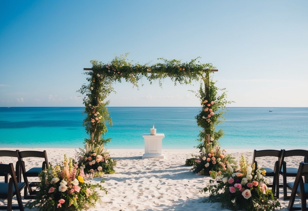 A serene beach with a simple altar, surrounded by lush greenery and colorful flowers, overlooking a crystal-clear ocean with a clear blue sky