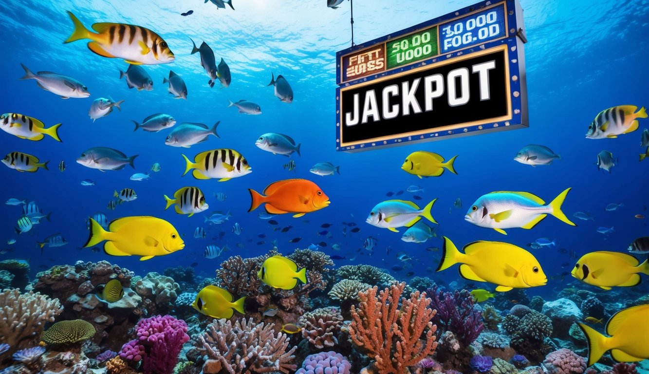 Sebuah dunia bawah laut yang berwarna-warni dengan berbagai spesies ikan yang berenang di sekitar terumbu karang yang cerah, dengan tanda jackpot besar yang ditampilkan secara mencolok