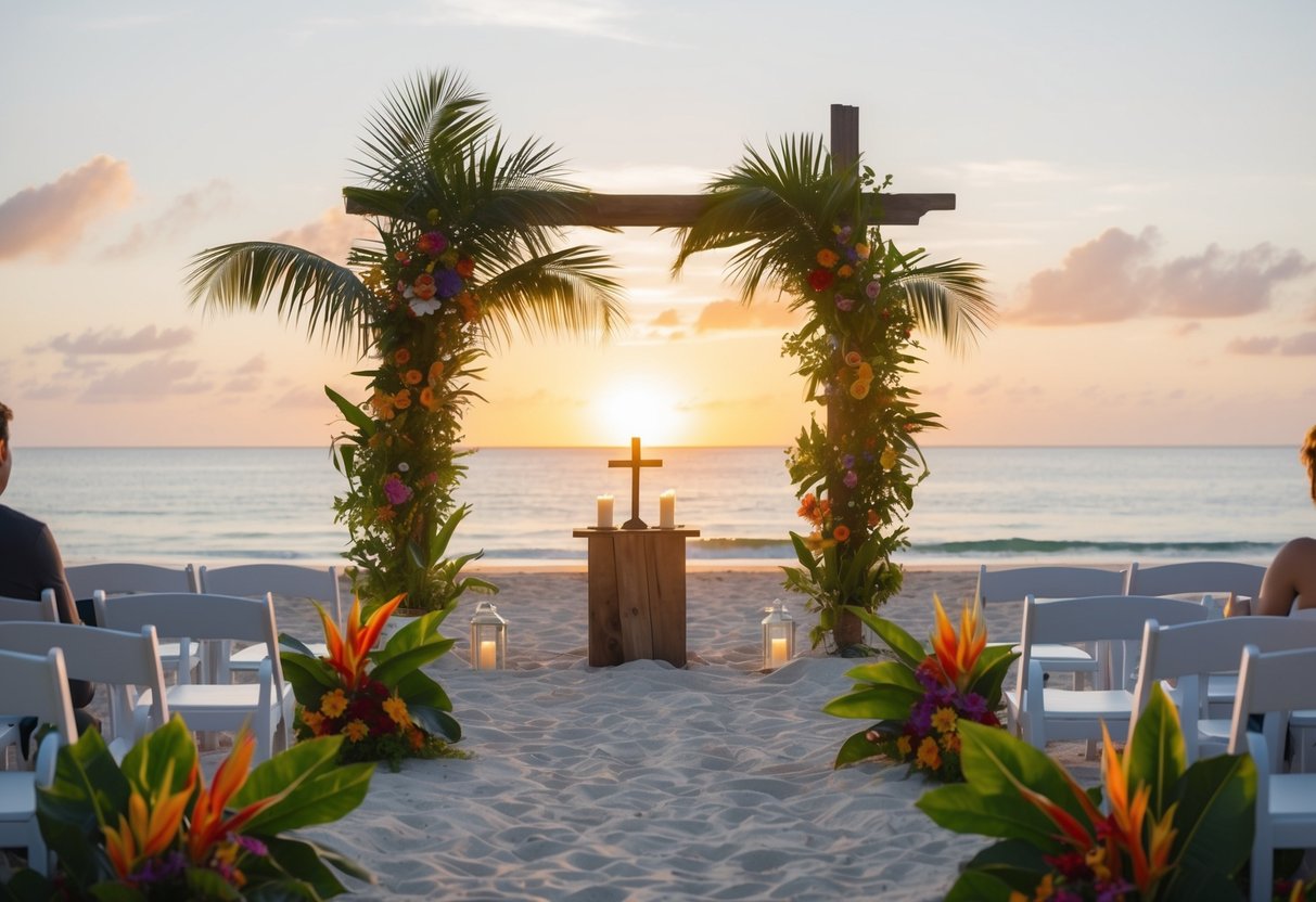 A serene beach with a simple wooden altar, surrounded by lush greenery and colorful tropical flowers. The sun sets over the ocean, casting a warm glow on the scene