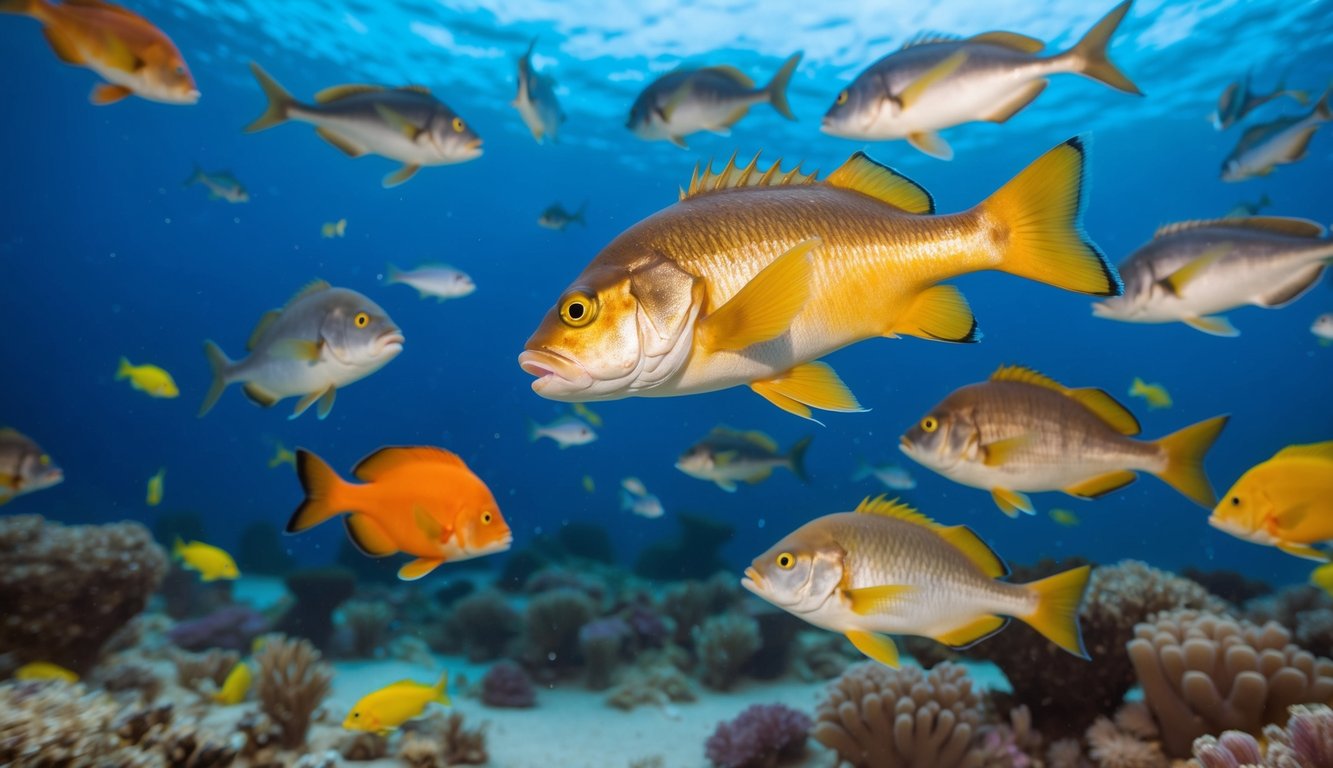 Dunia bawah laut yang berwarna-warni dengan berbagai ikan yang berenang di sekitar, dengan fokus pada aksi menembak ikan dalam permainan "Permainan Tembak Ikan Gacor."