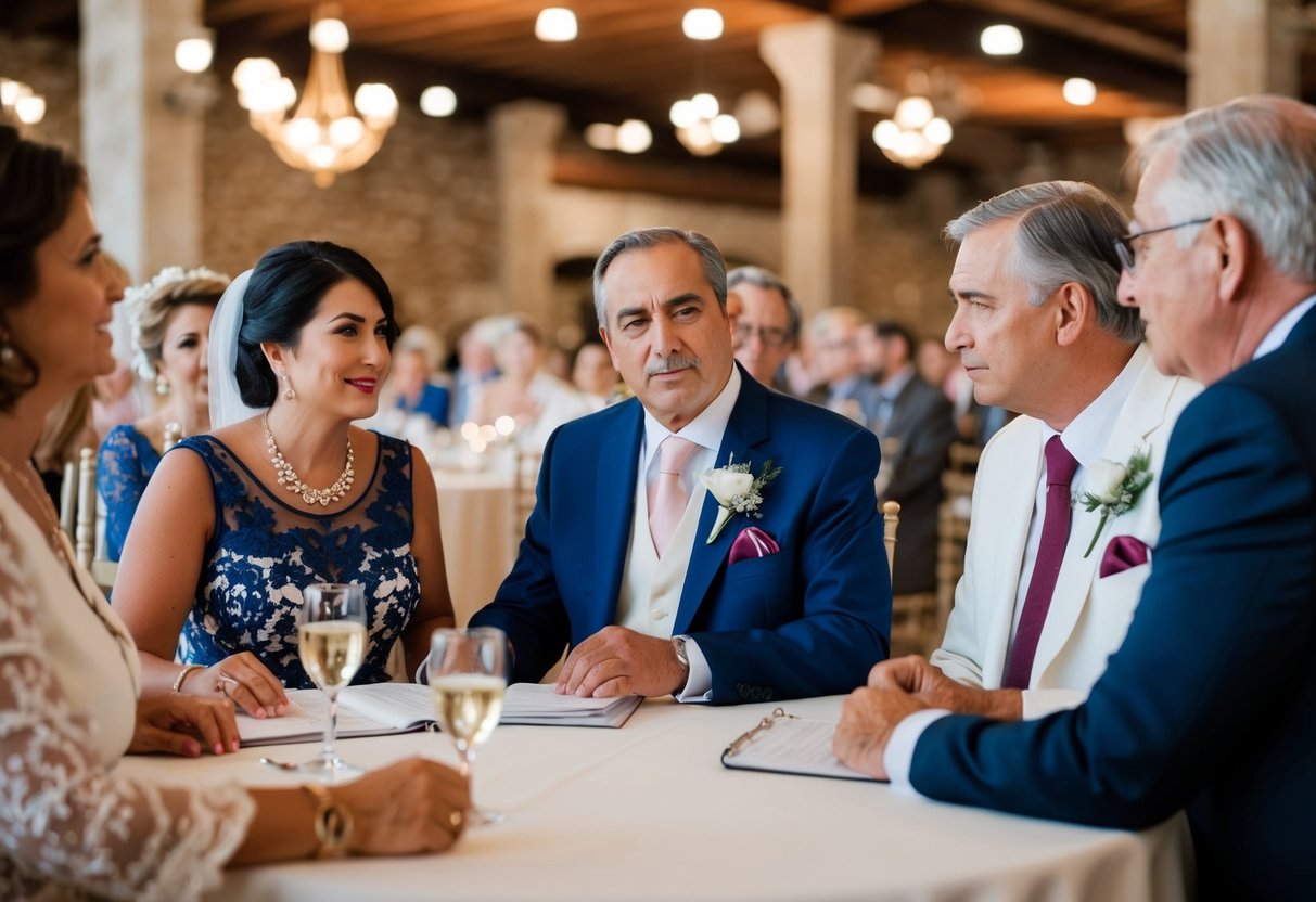 A traditional Spanish wedding with families discussing and negotiating the financial responsibilities for the ceremony and celebration