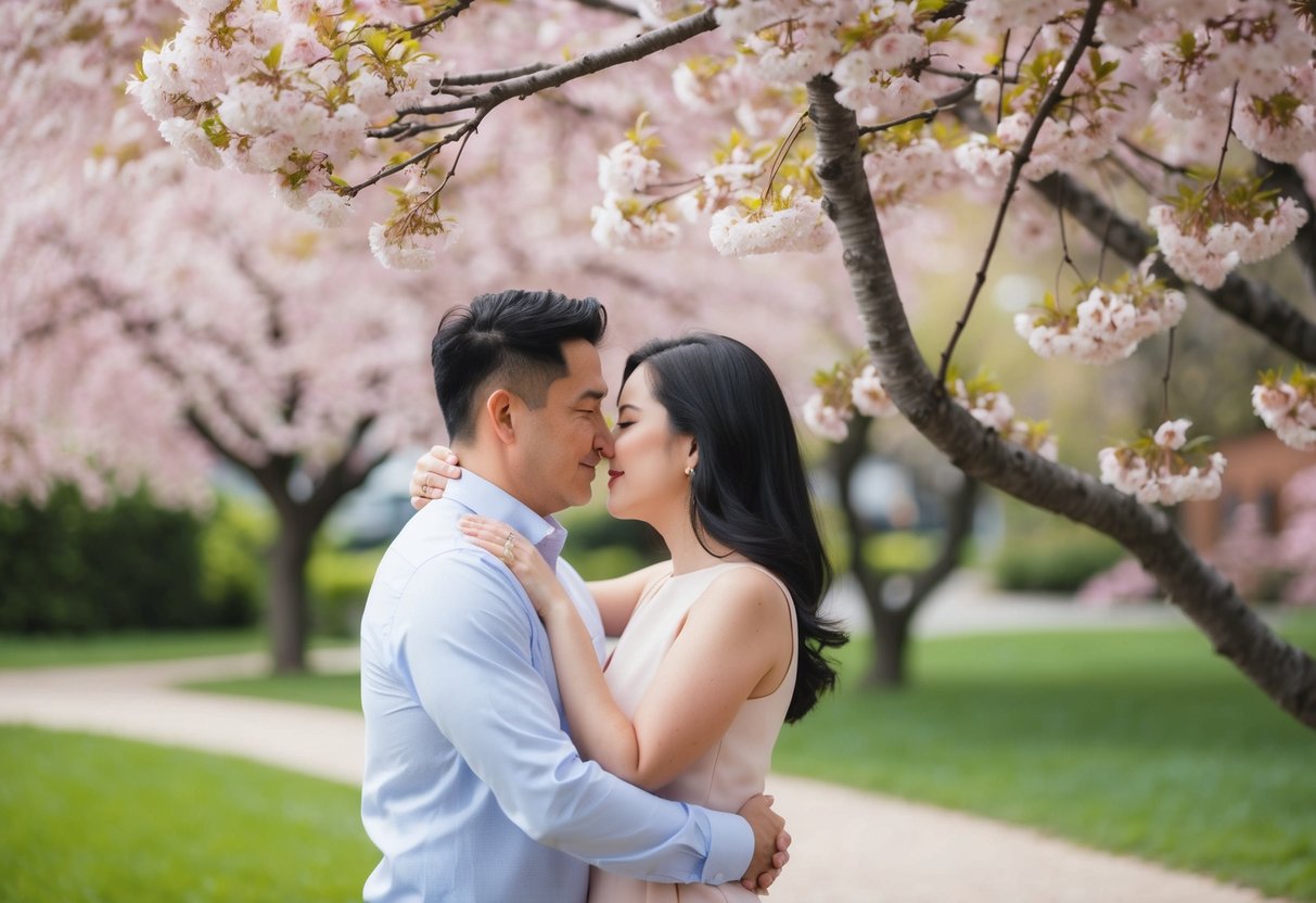 A couple embraces under a blooming cherry blossom tree in a serene garden setting
