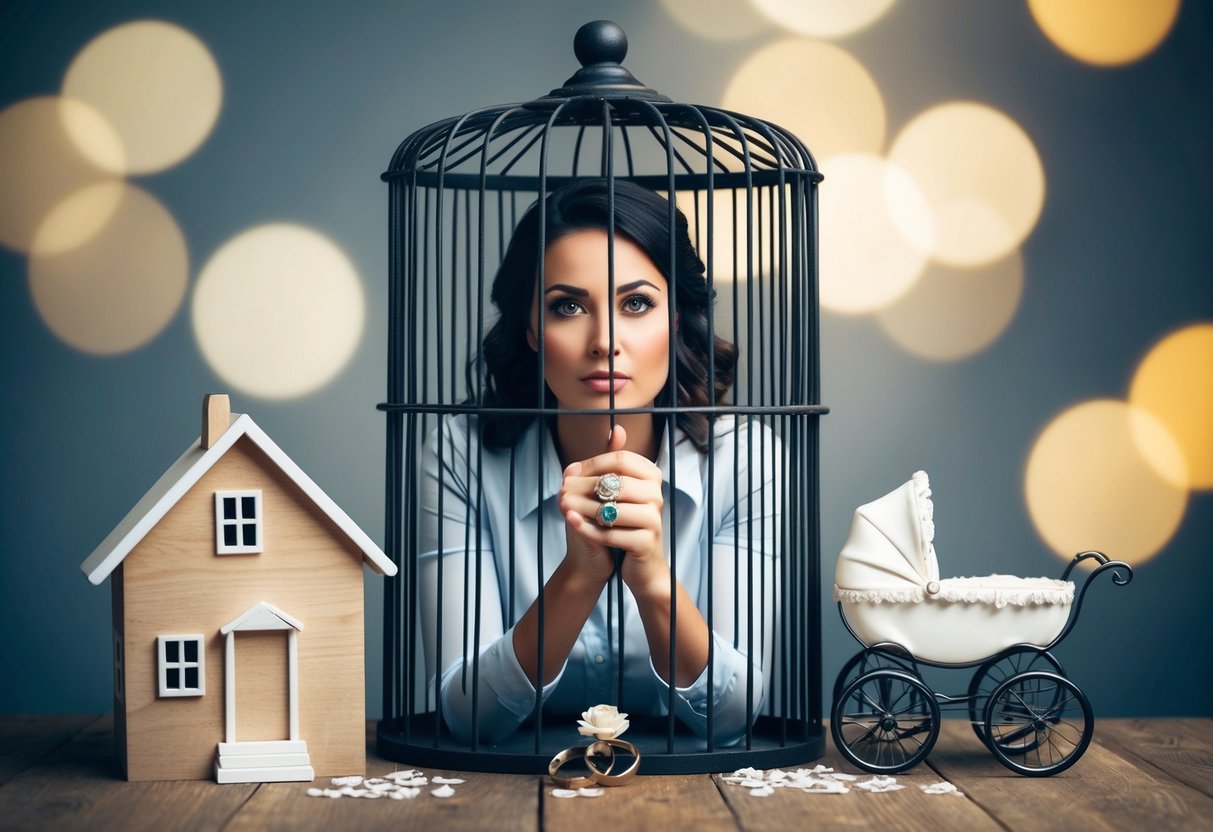 A woman trapped in a cage, surrounded by traditional symbols of marriage like a wedding ring, a house, and a baby carriage