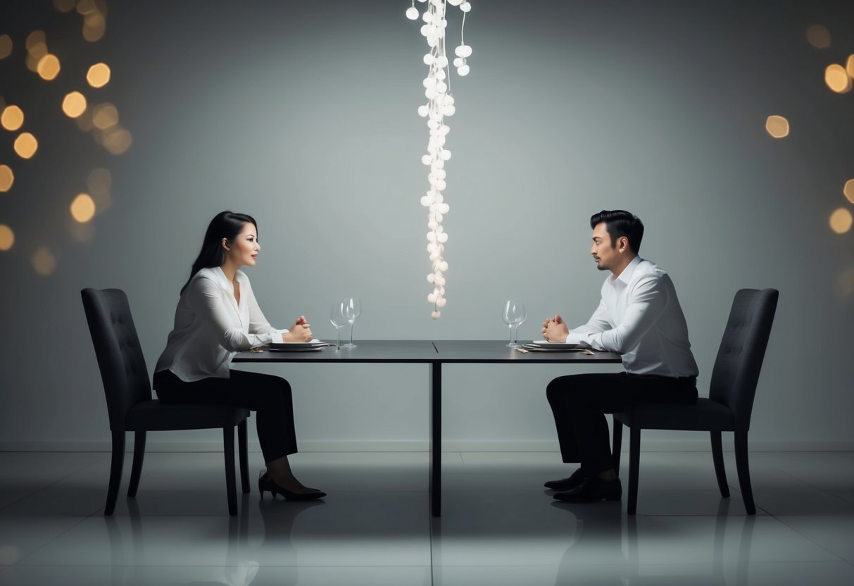 A couple sitting on opposite ends of a long dining table, looking distant and disconnected. An empty space between them symbolizes the emotional and relational distance in a traditional marriage