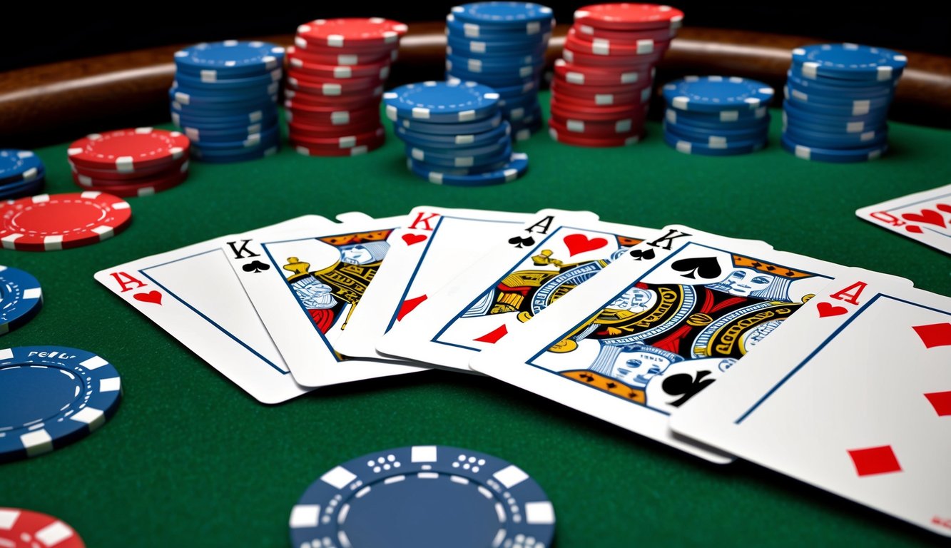 Sekelompok kartu remi tersebar di atas meja felt hijau, dengan chip poker ditumpuk di latar belakang